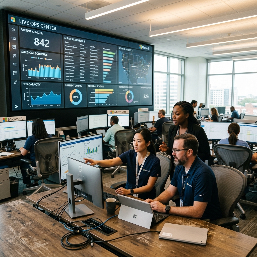 Physicians and operational staff working inside a clinical center dashboard